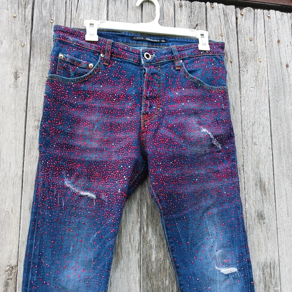 Avenue George V  Red‎ Rhinestone Skinny Jeans Mens Sz 32 Button Fly Distressed